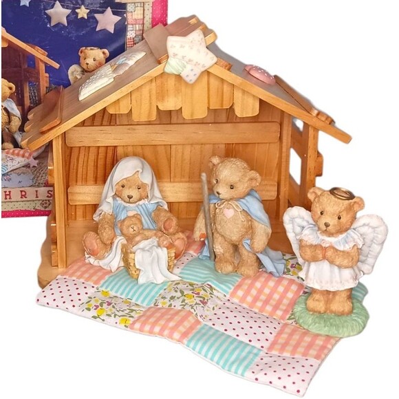 NEW Enesco Cherished Teddies 4 Pc Nativity Set + Wooden Creche Josh Maria & Baby - Picture 2 of 8